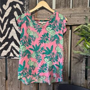 LOFT Pink Tropical Floral Cap-Sleeve Blouse